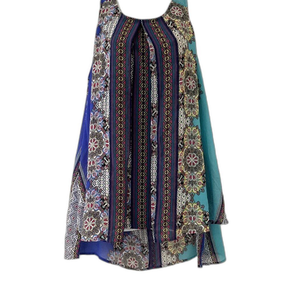 Boho Vibrant Damask Geometric Mixed Print Handkerchief Hem Tank Top 14-16W